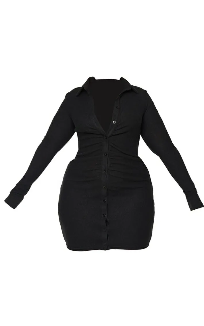 Plus Black Brushed Rib Long Sleeve Ruched Shirt Dress