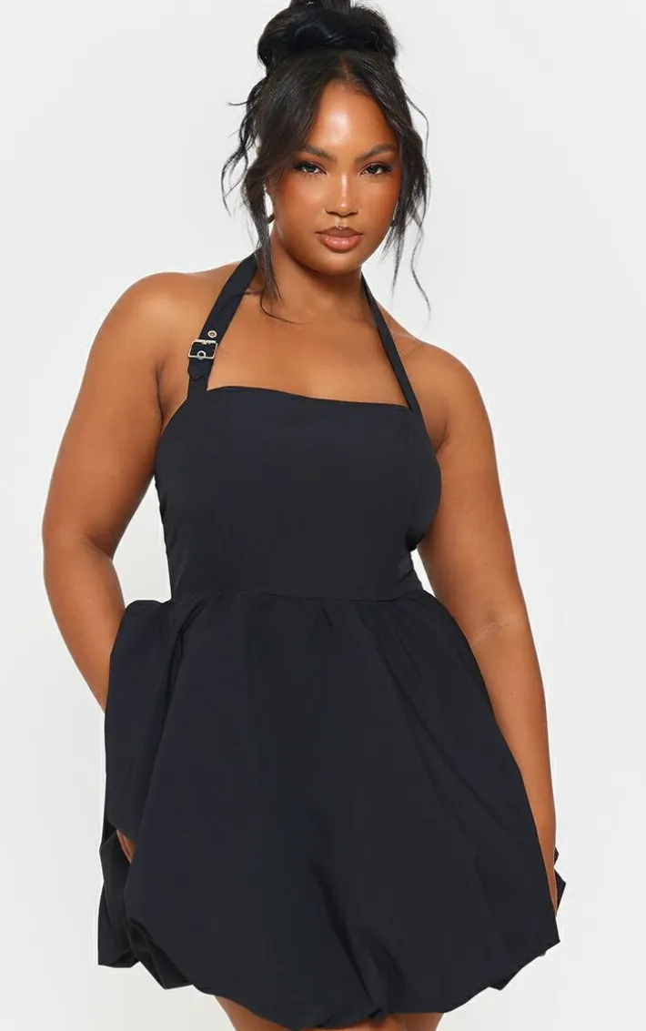 Plus Black Buckle Detail Halterneck Puffball Mini Dress