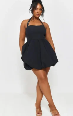 Plus Black Buckle Detail Halterneck Puffball Mini Dress