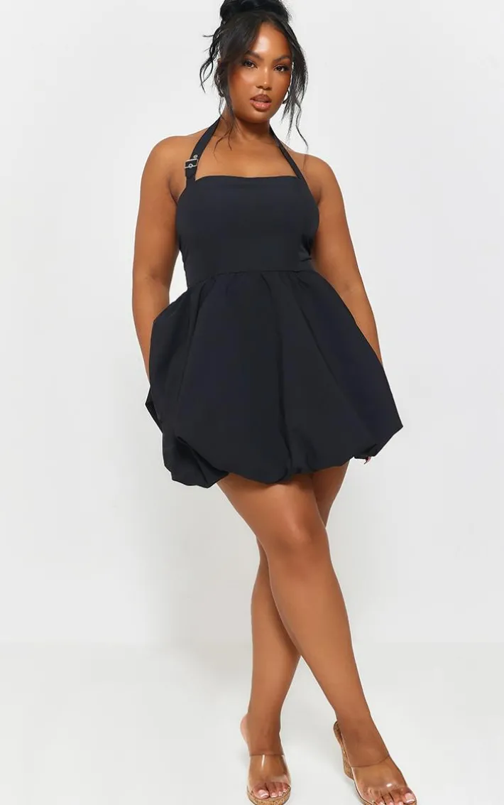 Plus Black Buckle Detail Halterneck Puffball Mini Dress