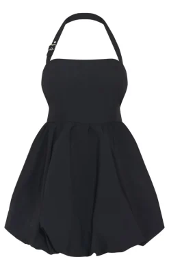 Plus Black Buckle Detail Halterneck Puffball Mini Dress