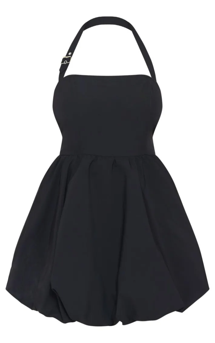 Plus Black Buckle Detail Halterneck Puffball Mini Dress