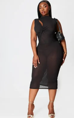 Plus Black Burnt Mesh Cut Out Detail Midi Dress