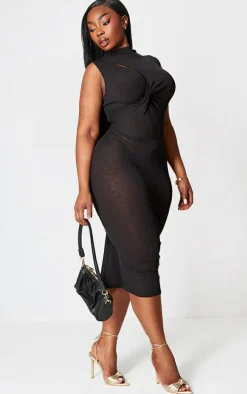 Plus Black Burnt Mesh Cut Out Detail Midi Dress