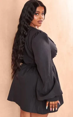 Plus Black Button Front Fitted Puff Sleeve Skater Dress