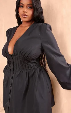 Plus Black Button Front Fitted Puff Sleeve Skater Dress