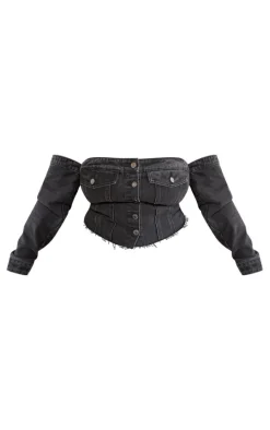 Plus Black Button Up Bardot Denim Corset