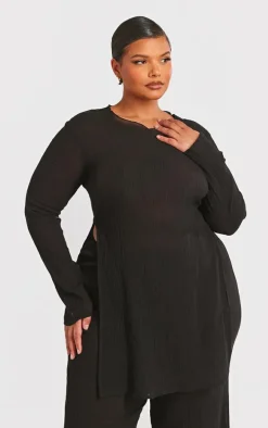 Plus Black Cheesecloth Textured Split Sleeve Long Top