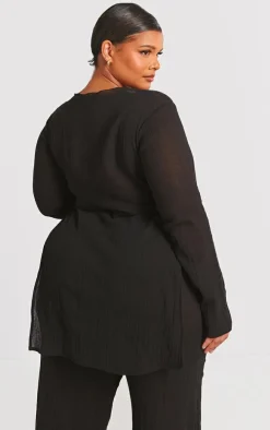 Plus Black Cheesecloth Textured Split Sleeve Long Top