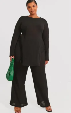 Plus Black Cheesecloth Textured Split Sleeve Long Top