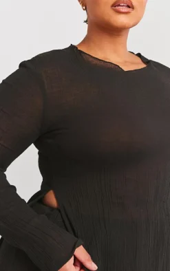 Plus Black Cheesecloth Textured Split Sleeve Long Top
