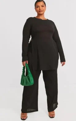 Plus Black Cheesecloth Textured Wide Leg Pants