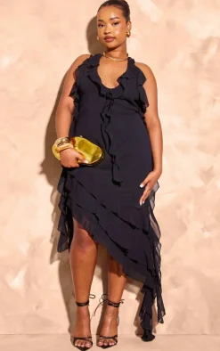 Plus Black Chiffon Frill Detail Plunge Midaxi Dress