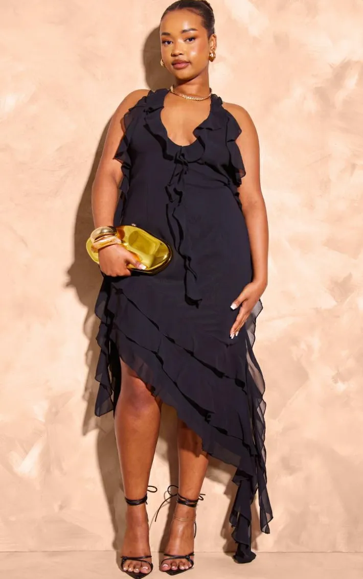 Plus Black Chiffon Frill Detail Plunge Midaxi Dress