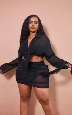 Plus Black Chiffon Ruched Beach Skirt