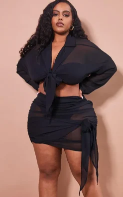 Plus Black Chiffon Tie Detail Beach Shirt