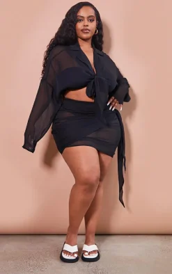 Plus Black Chiffon Tie Detail Beach Shirt