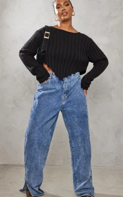 Plus Black Chunky Knit Long Sleeve Dip Hem Crop Top