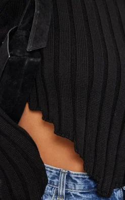 Plus Black Chunky Knit Long Sleeve Dip Hem Crop Top