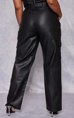 Plus Black Coated Denim Cargo Jeans