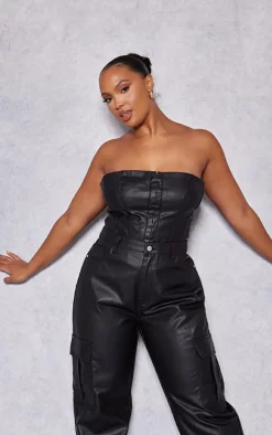 Plus Black Coated Denim Corset