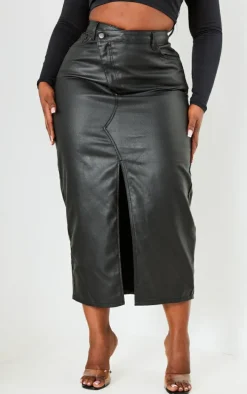 Plus Black Coated Denim Maxi Skirt