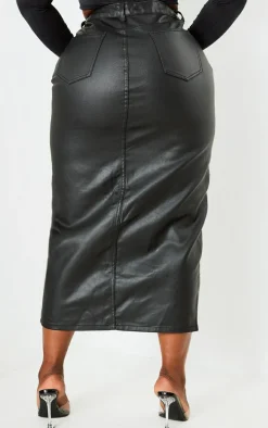Plus Black Coated Denim Maxi Skirt