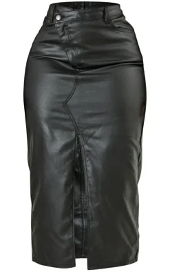 Plus Black Coated Denim Maxi Skirt