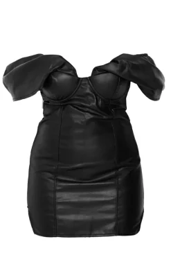 Plus Black Coated Denim Puff Sleeve Mini Dress