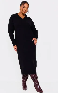 Plus Black Collar Detail Cosy Knitted Midaxi Dress