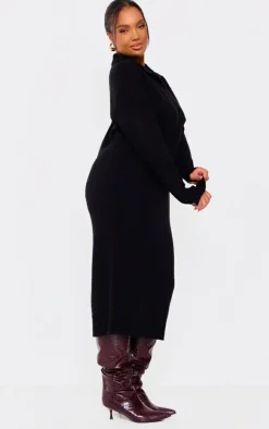Plus Black Collar Detail Cosy Knitted Midaxi Dress