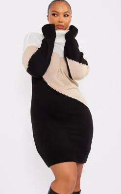 Plus Black Color Block Knitted Midi Dress