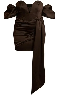 Plus Black Constructed Satin Puff Sleeve Drape Mini Dress