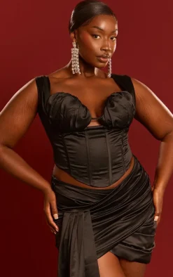 Plus Black Constructed Satin Ruched Bust Corset