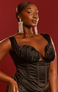 Plus Black Constructed Satin Ruched Bust Corset