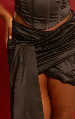 Plus Black Constructed Satin Ruched Drape Bodycon Skirt