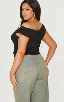 Plus Black Contour Bardot Twist Detail Top