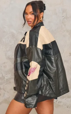 Plus Black Contrast Panel Oversized Faux Leather Motocross Jacket