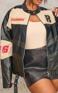 Plus Black Contrast Panel Oversized Faux Leather Motocross Jacket