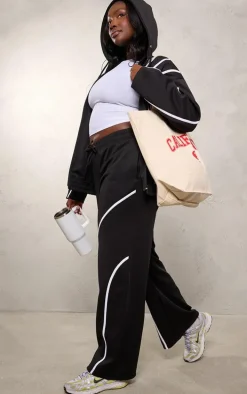Plus Black Contrast Piping Straight Leg Sweatpants