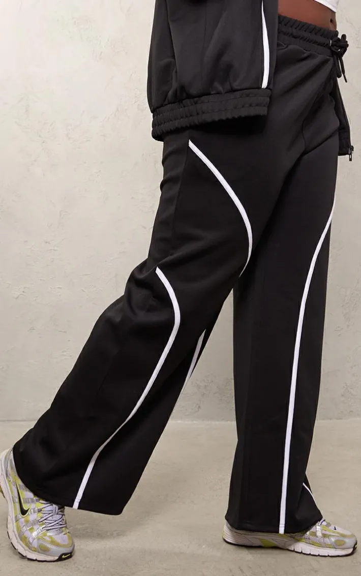 Plus Black Contrast Piping Straight Leg Sweatpants