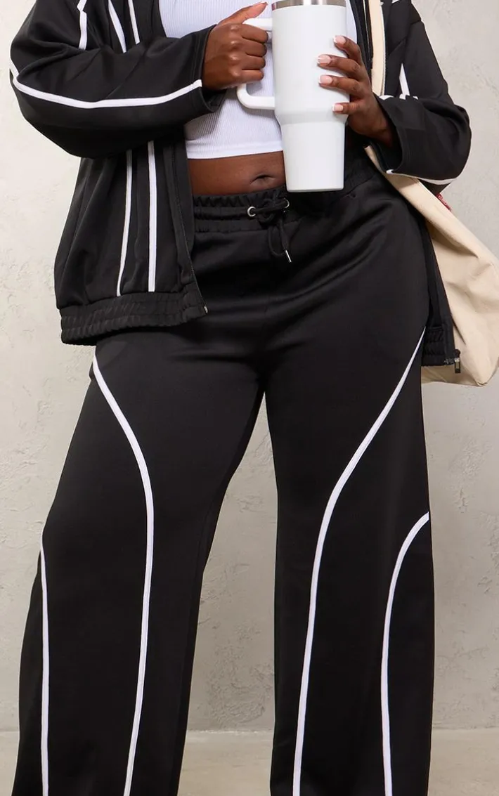 Plus Black Contrast Piping Straight Leg Sweatpants