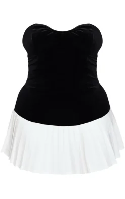 Plus Black Contrast Pleated Velour Bandeau Mini Dress