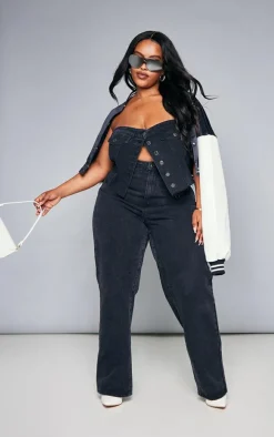 Plus Black Corset Button Up Crop Top