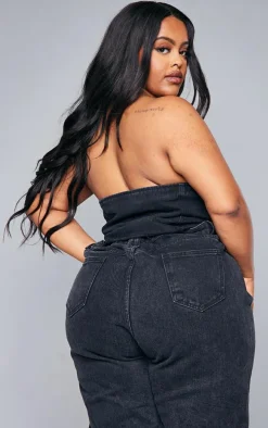 Plus Black Corset Button Up Crop Top