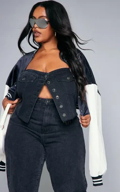 Plus Black Corset Button Up Crop Top