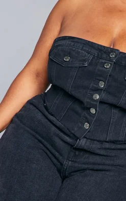 Plus Black Corset Button Up Crop Top