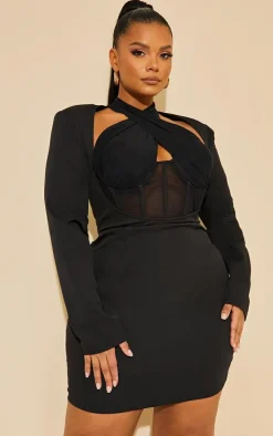 Plus Black Corset Cross Front Bodycon Dress