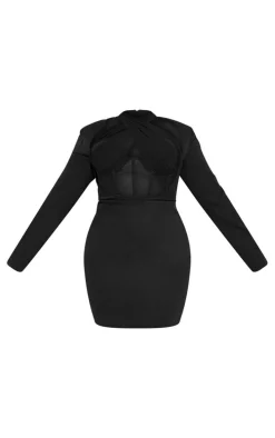 Plus Black Corset Cross Front Bodycon Dress