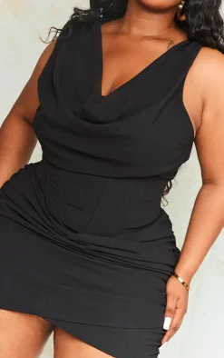 Plus Black Corset Detail Draped Mini Dress